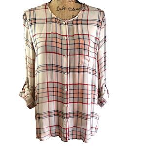 Joie Kariana Silk Pink Navy Plaid Roll Tab Sleeve Front Pocket Blouse Top Sz M